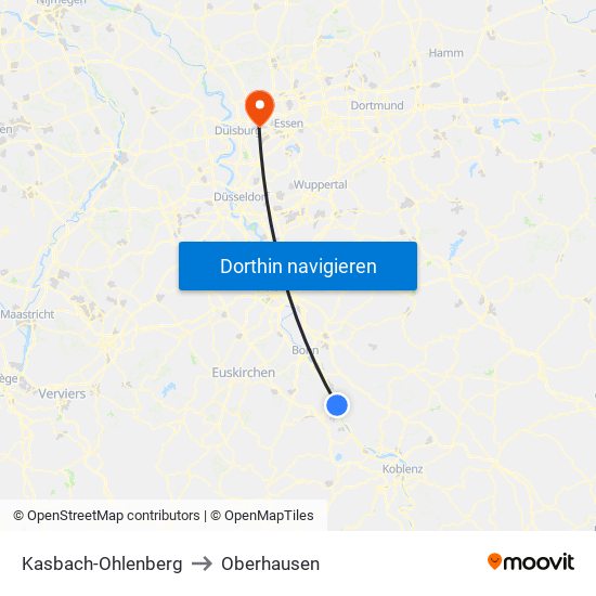 Kasbach-Ohlenberg to Oberhausen map