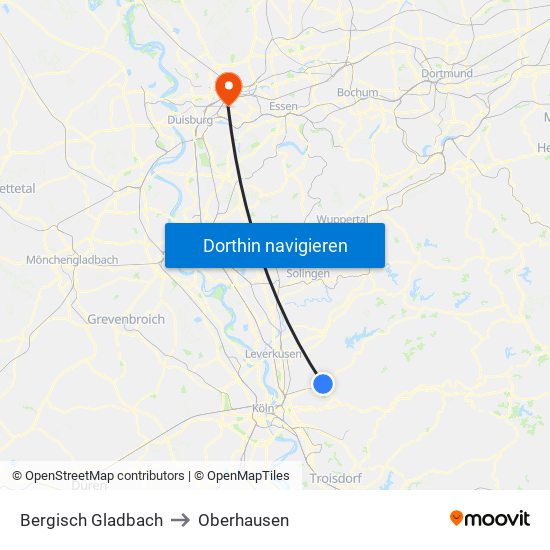 Bergisch Gladbach to Oberhausen map