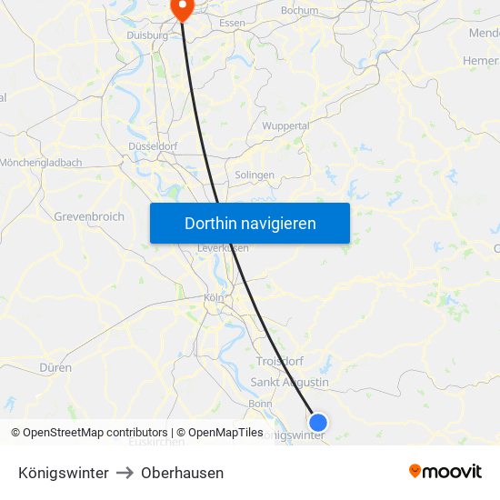 Königswinter to Oberhausen map