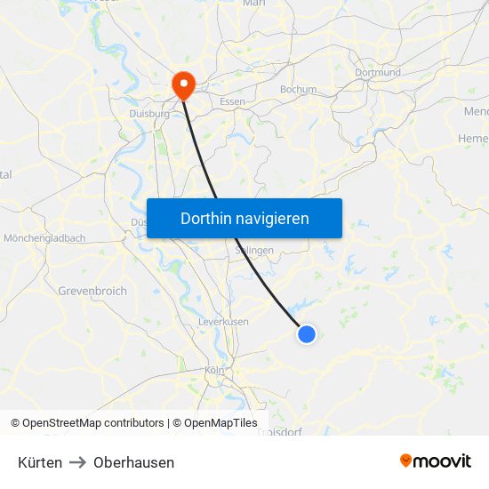 Kürten to Oberhausen map