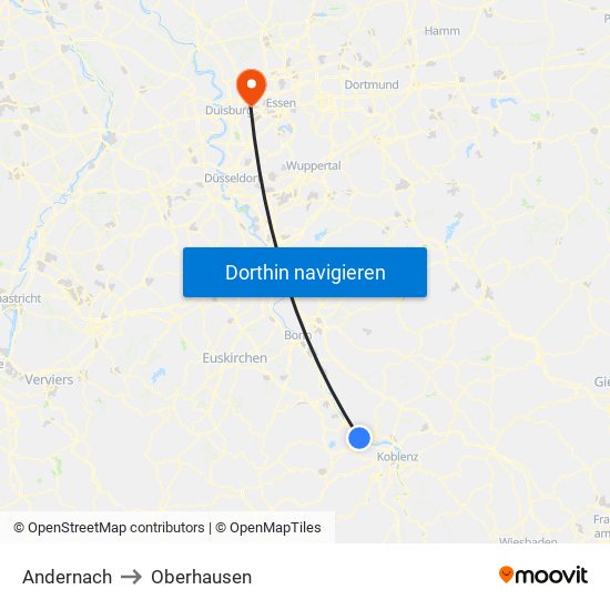 Andernach to Oberhausen map