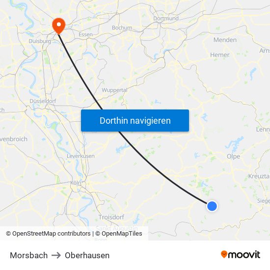 Morsbach to Oberhausen map