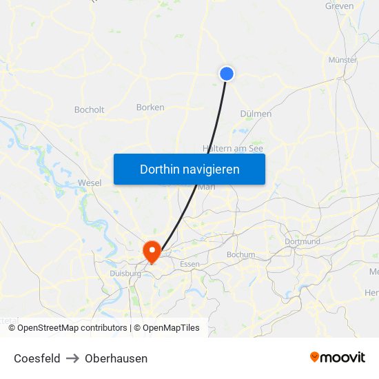 Coesfeld to Oberhausen map