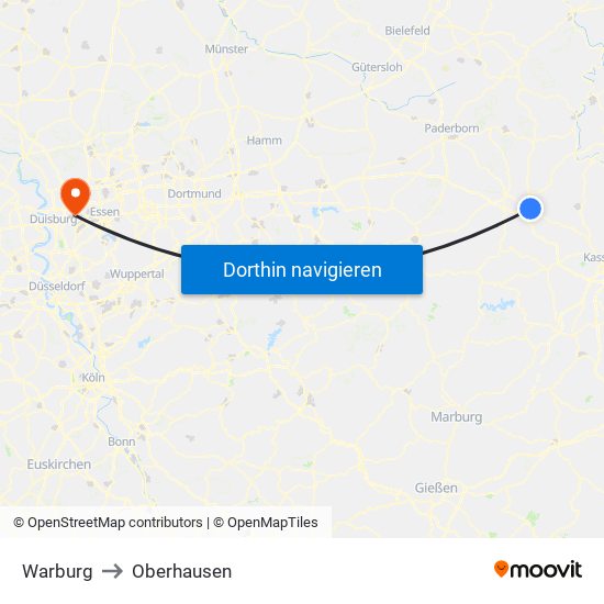 Warburg to Oberhausen map