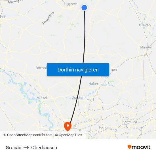 Gronau to Oberhausen map