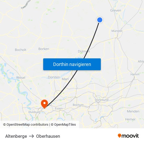 Altenberge to Oberhausen map