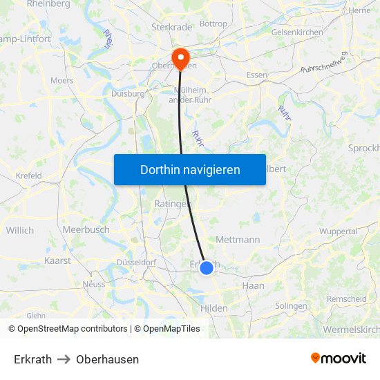 Erkrath to Oberhausen map