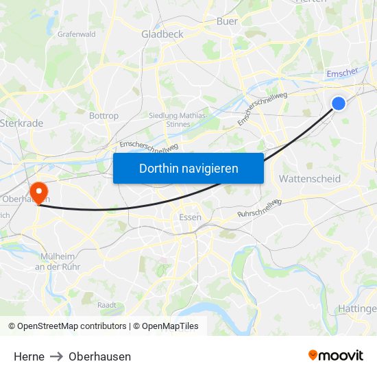 Herne to Oberhausen map