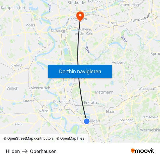Hilden to Oberhausen map