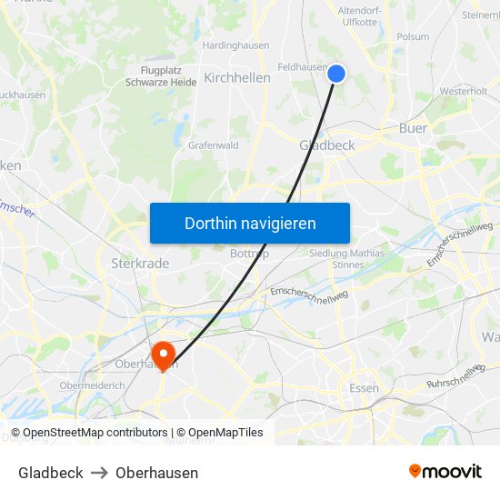 Gladbeck to Oberhausen map