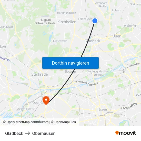 Gladbeck to Oberhausen map