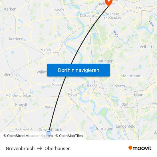 Grevenbroich to Oberhausen map