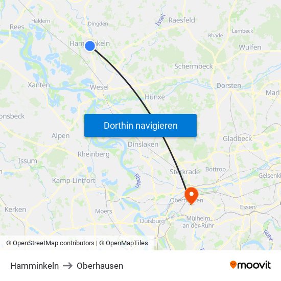 Hamminkeln to Oberhausen map