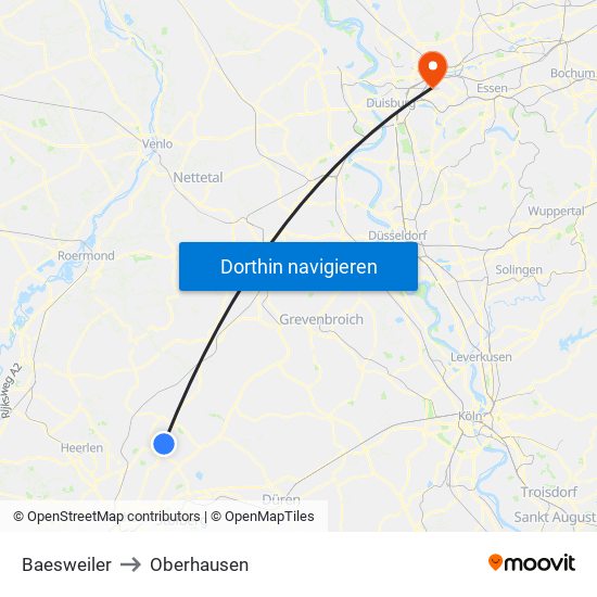 Baesweiler to Oberhausen map