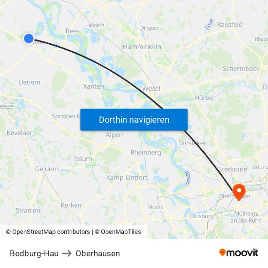 Bedburg-Hau to Oberhausen map