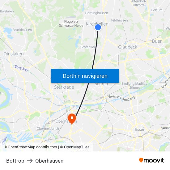 Bottrop to Oberhausen map