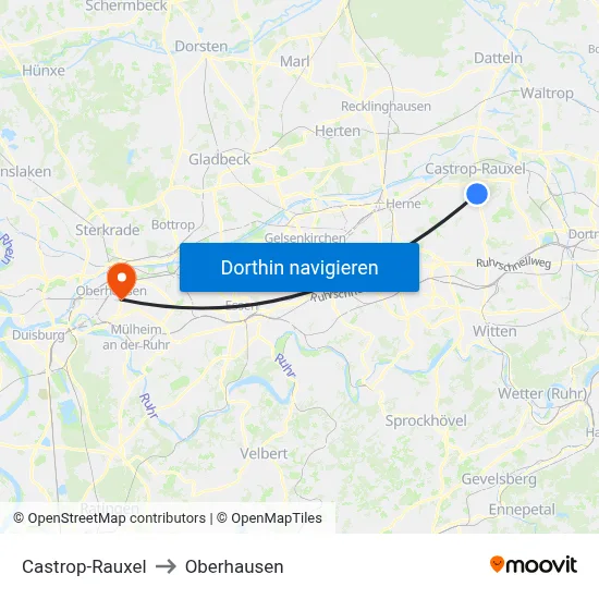 Castrop-Rauxel to Oberhausen map