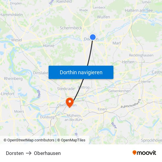 Dorsten to Oberhausen map