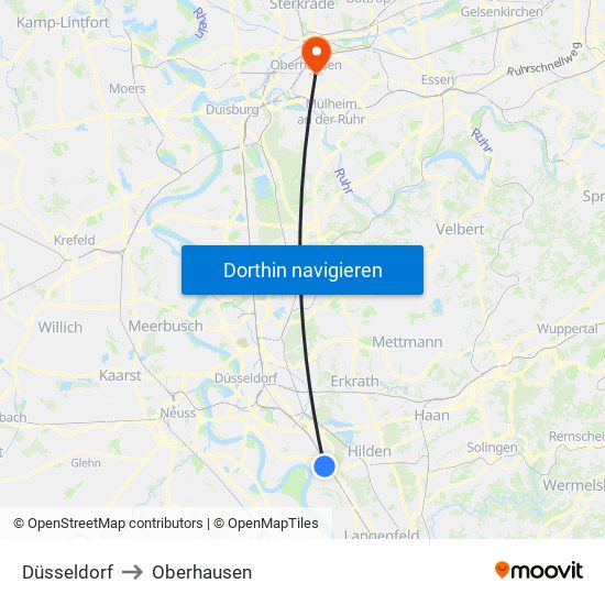 Düsseldorf to Oberhausen map