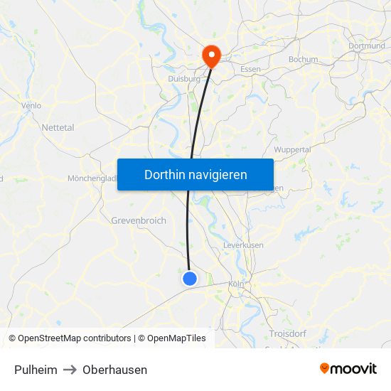 Pulheim to Oberhausen map