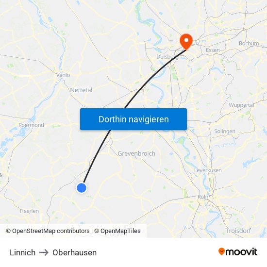 Linnich to Oberhausen map