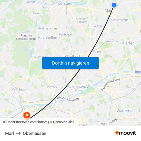 Marl to Oberhausen map