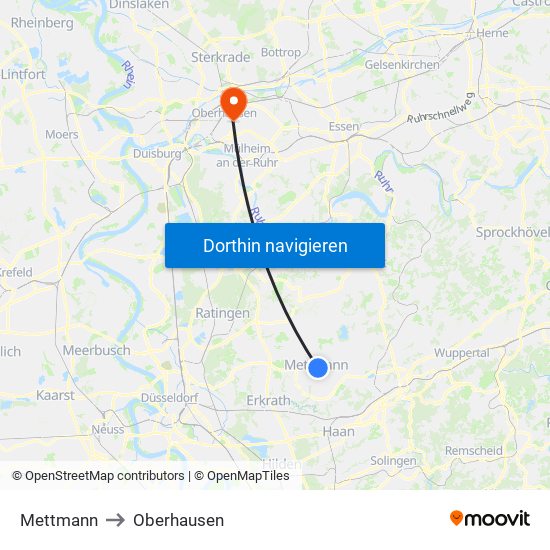 Mettmann to Oberhausen map