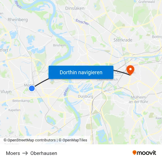 Moers to Oberhausen map