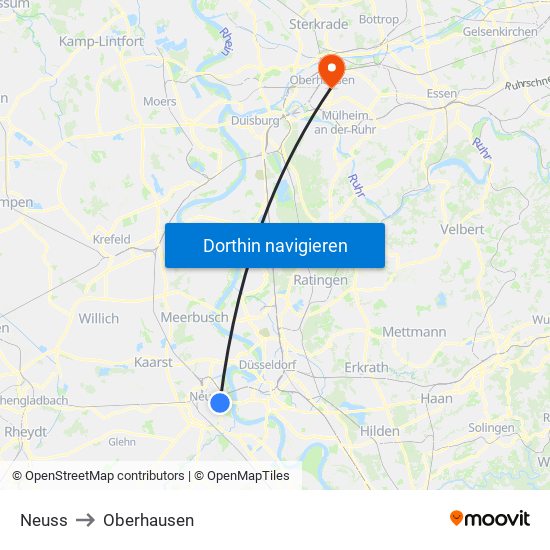 Neuss to Oberhausen map