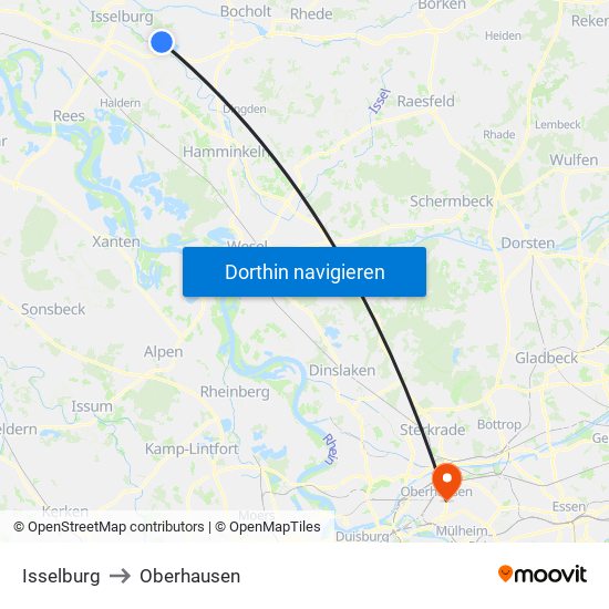 Isselburg to Oberhausen map