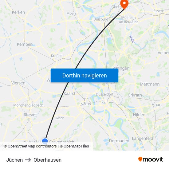 Jüchen to Oberhausen map