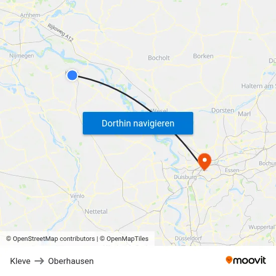 Kleve to Oberhausen map