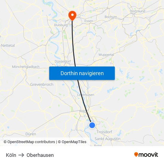 Köln to Oberhausen map