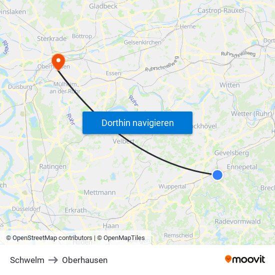 Schwelm to Oberhausen map