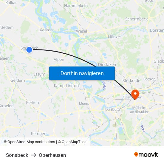 Sonsbeck to Oberhausen map