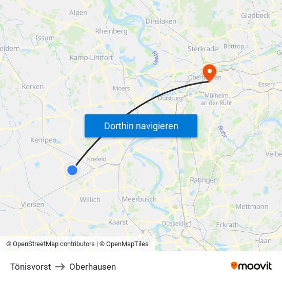 Tönisvorst to Oberhausen map