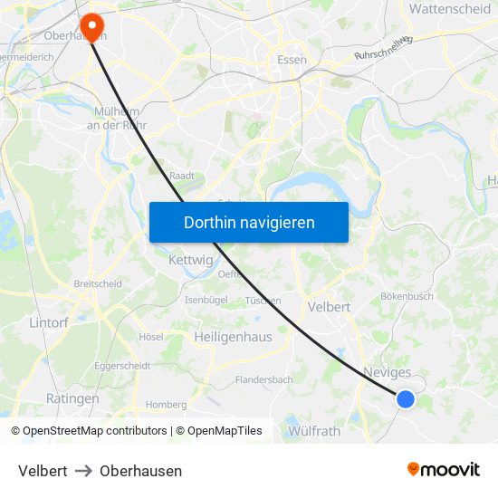 Velbert to Oberhausen map