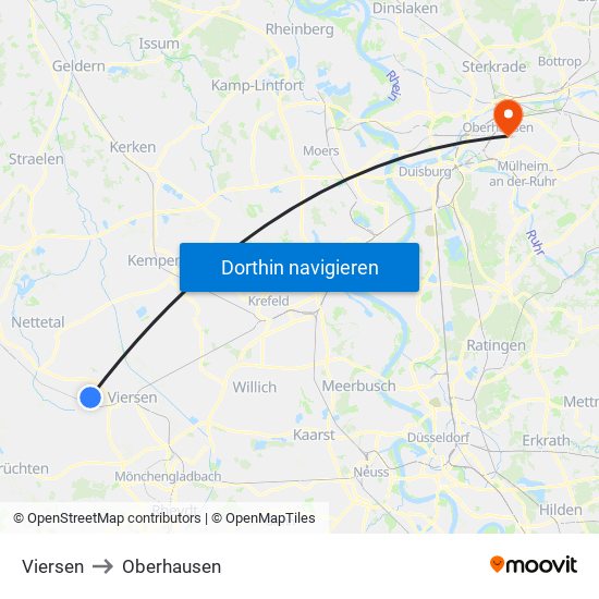 Viersen to Oberhausen map