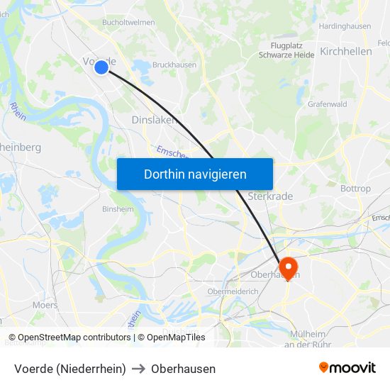 Voerde (Niederrhein) to Oberhausen map