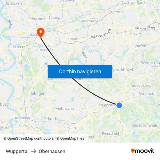 Wuppertal to Oberhausen map
