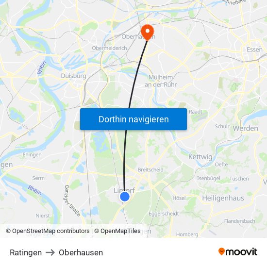 Ratingen to Oberhausen map