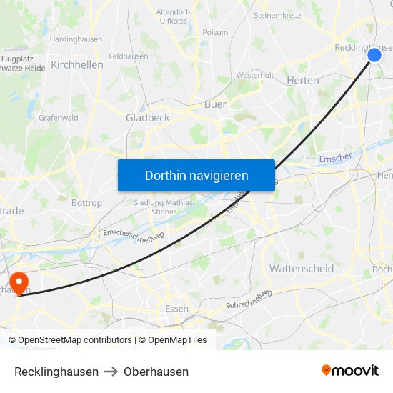 Recklinghausen to Oberhausen map