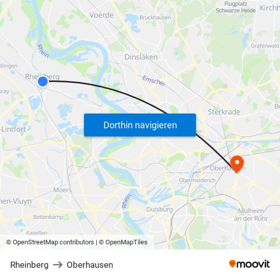 Rheinberg to Oberhausen map