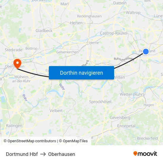 Dortmund Hbf to Oberhausen map