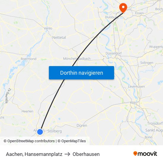 Aachen, Hansemannplatz to Oberhausen map