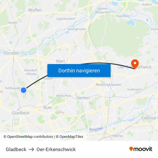 Gladbeck to Oer-Erkenschwick map