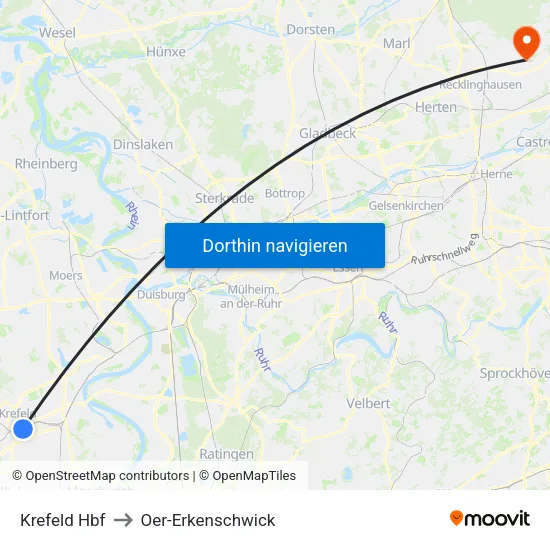 Krefeld Hbf to Oer-Erkenschwick map