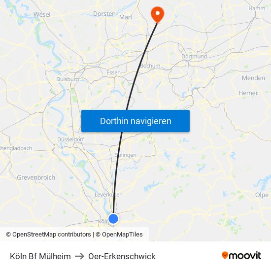 Köln Bf Mülheim to Oer-Erkenschwick map