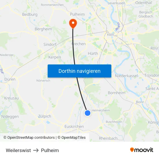 Weilerswist to Pulheim map