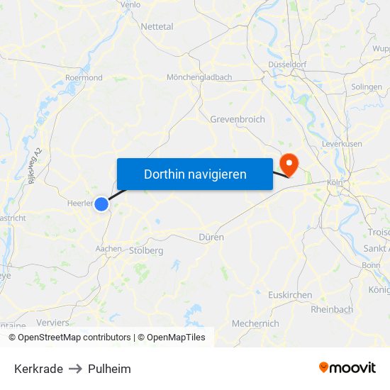 Kerkrade to Pulheim map